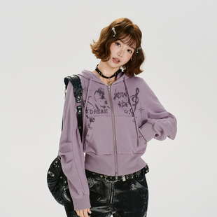 Girlyhalo美式复古印花捏褶连帽卫衣外套女秋季新款短款宽松上衣