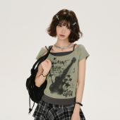 辣妹修身 Girlyhalo美式 新款 t恤女夏季 显瘦上衣 复古印花假两件短袖