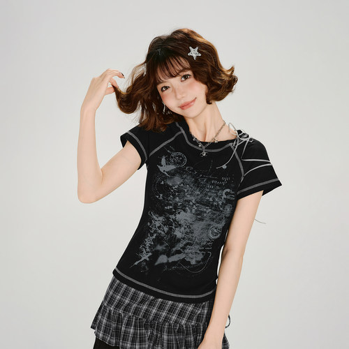 Girlyhalo美式复古辣妹印花短袖t恤女夏季新款绑带设计感修身上衣