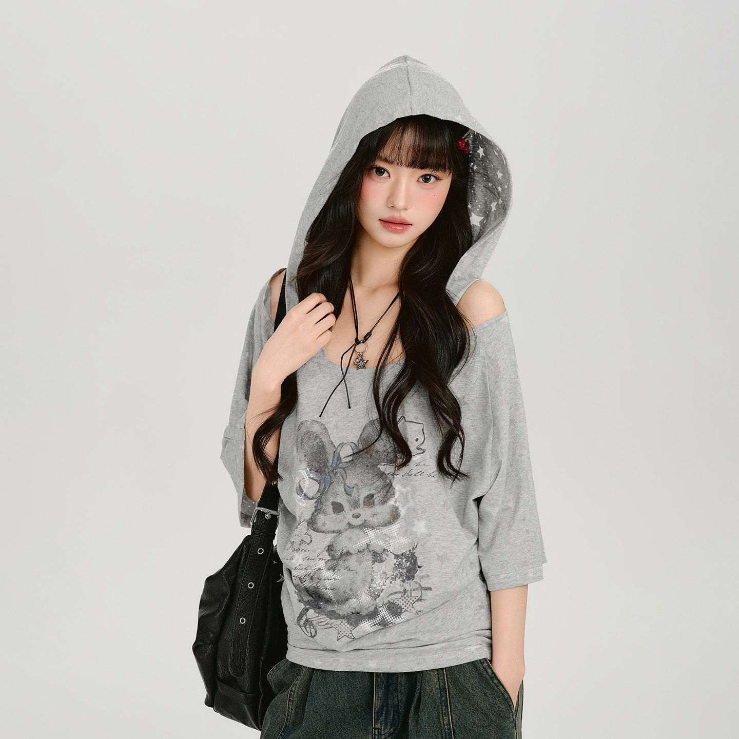Girlyhalo美式复古印花连帽露肩短袖t恤女夏季新款宽松慵懒感上衣