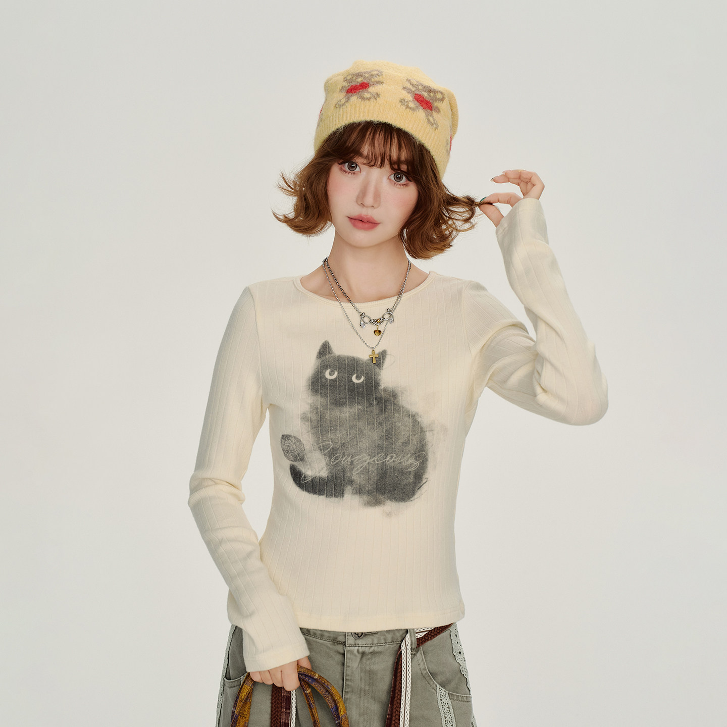 Girlyhalo美式复古印花加厚圆领长袖t恤女秋新款修身打底内搭上衣