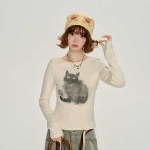 修身 t恤女秋新款 打底内搭上衣 复古印花加厚圆领长袖 Girlyhalo美式