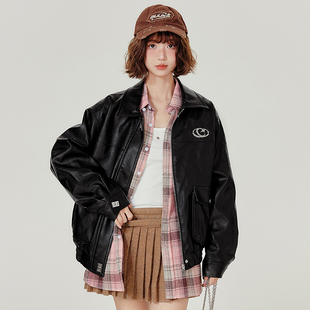 Girlyhalo美式复古黑色皮外套女秋冬新款宽松机车风夹克外套