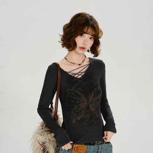 Girlyhalo美式复古辣妹印花长袖t恤女秋季新款设计感修身显瘦上衣