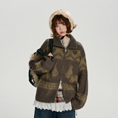 Girlyhalo美式 宽松慵懒上衣 复古费尔岛提花针织毛衣外套女冬新款