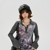 复古印花拼接网纱polo长袖 t恤女秋季 新款 Girlyhalo美式 修身 上衣