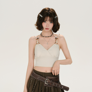 Girlyhalo美式复古辣妹串珠挂脖吊带背心女夏新款设计感短款上衣