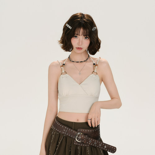 Girlyhalo美式复古辣妹串珠挂脖吊带背心女夏新款设计感短款上衣