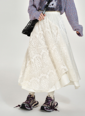 Girlyhalo美式复古不规则拼接蕾丝半身裙女秋季新款松紧腰长裙