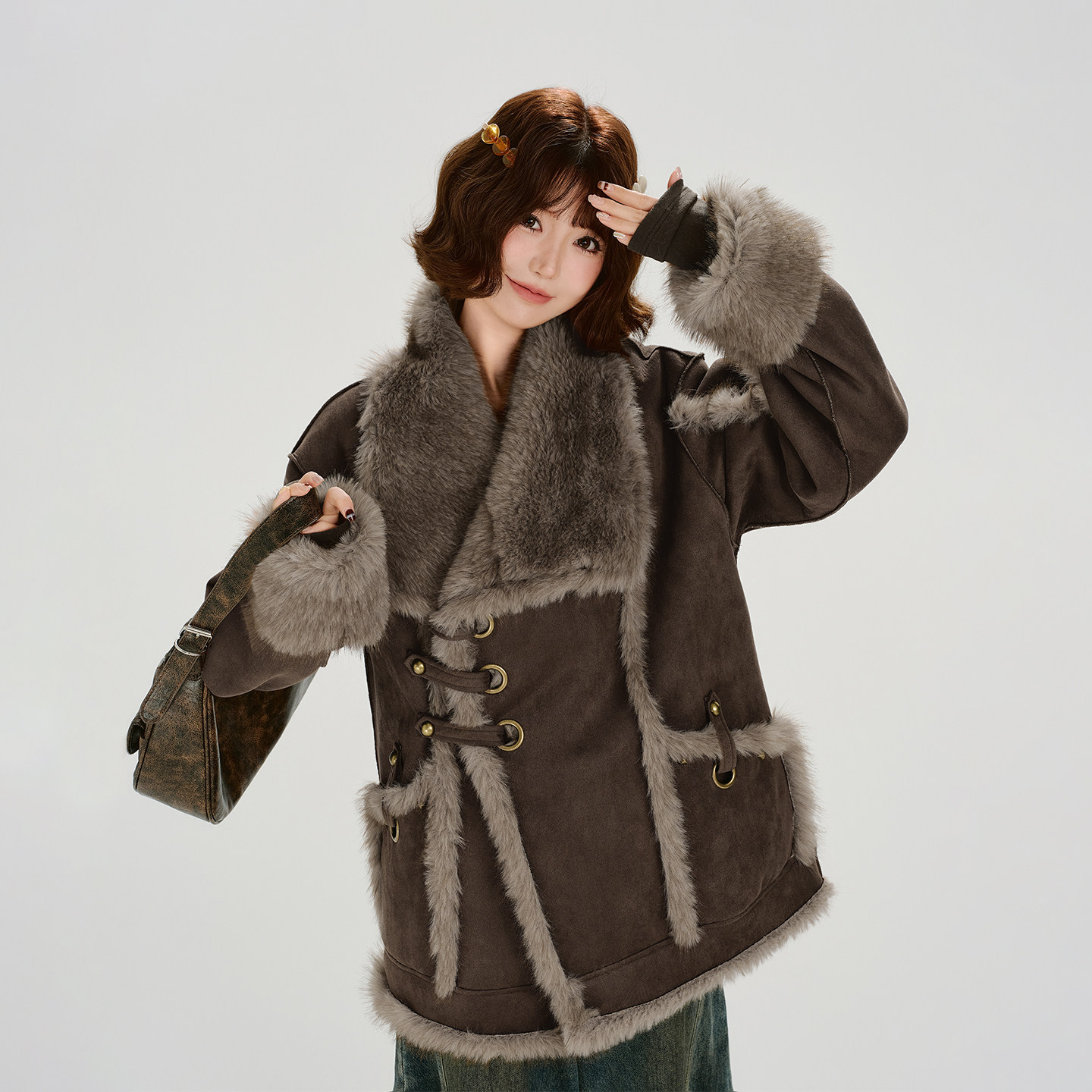 Girlyhalo美式复古大翻领毛绒厚外套女冬季新款加厚保暖宽松上衣