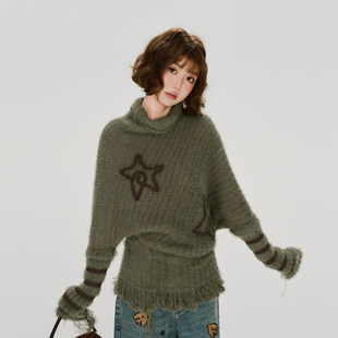 Girlyhalo美式复古半高领毛边流苏毛衣女秋新款慵懒松弛感针织衫