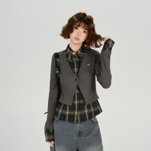 Girlyhalo美式复古假两件格子长袖T恤女春季新款设计感拼接上衣