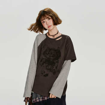 Girlyhalo美式复古假两件印花长袖t恤女秋季新款设计感宽松上衣