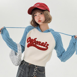 Girlyhalo美式复古辣妹插肩袖针织毛衣女秋季新款短款连帽卫衣