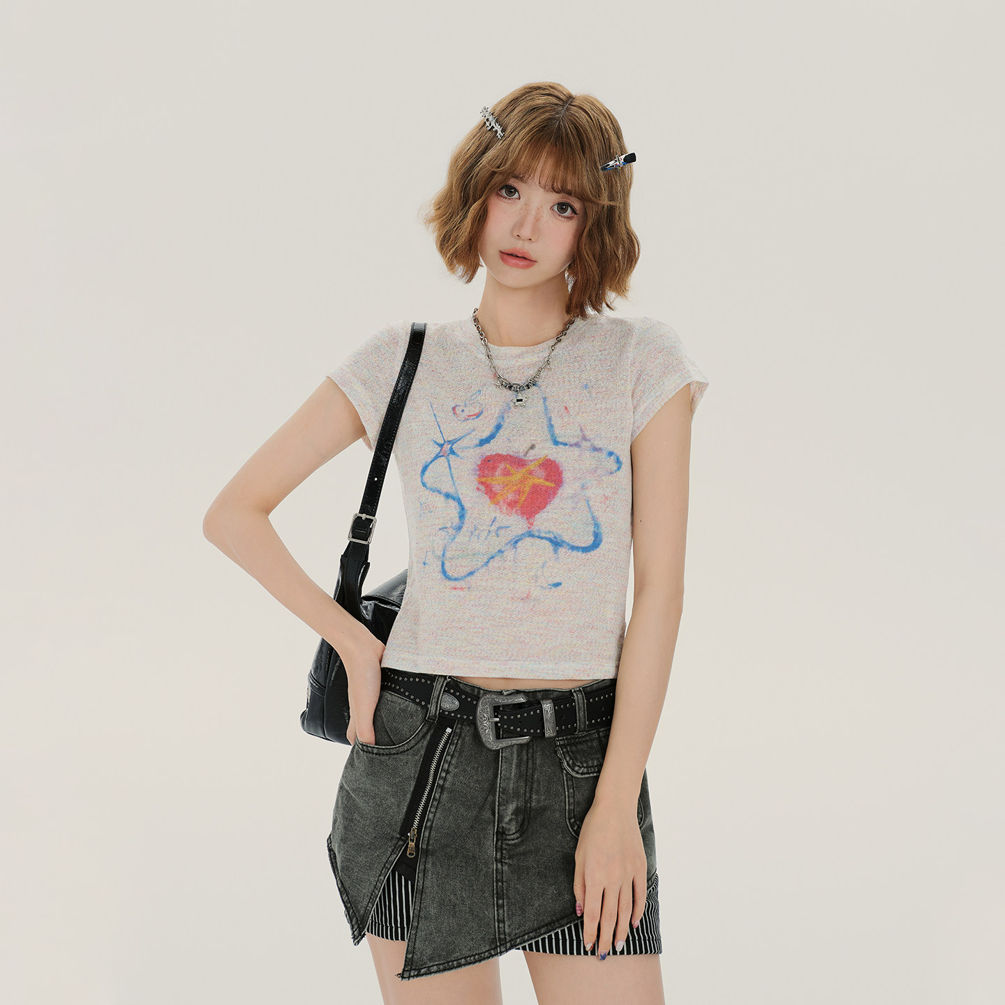 Girlyhalo美式复古辣妹印花正肩短袖t恤女夏季新款短款修身上衣