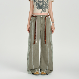 腰带长裤 女秋新款 复古水洗花边拼接直筒阔腿休闲裤 Girlyhalo美式
