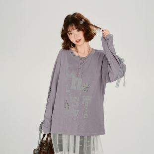 新款 t恤女春季 设计感宽松上衣 复古烫钻印花绑带长袖 Girlyhalo美式