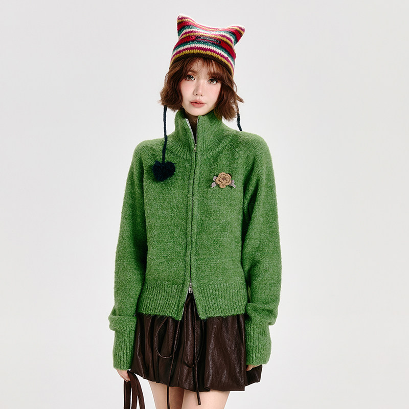 Girlyhalo美式复古毛衣外套女秋冬新款双开头拉链设计感小众上衣