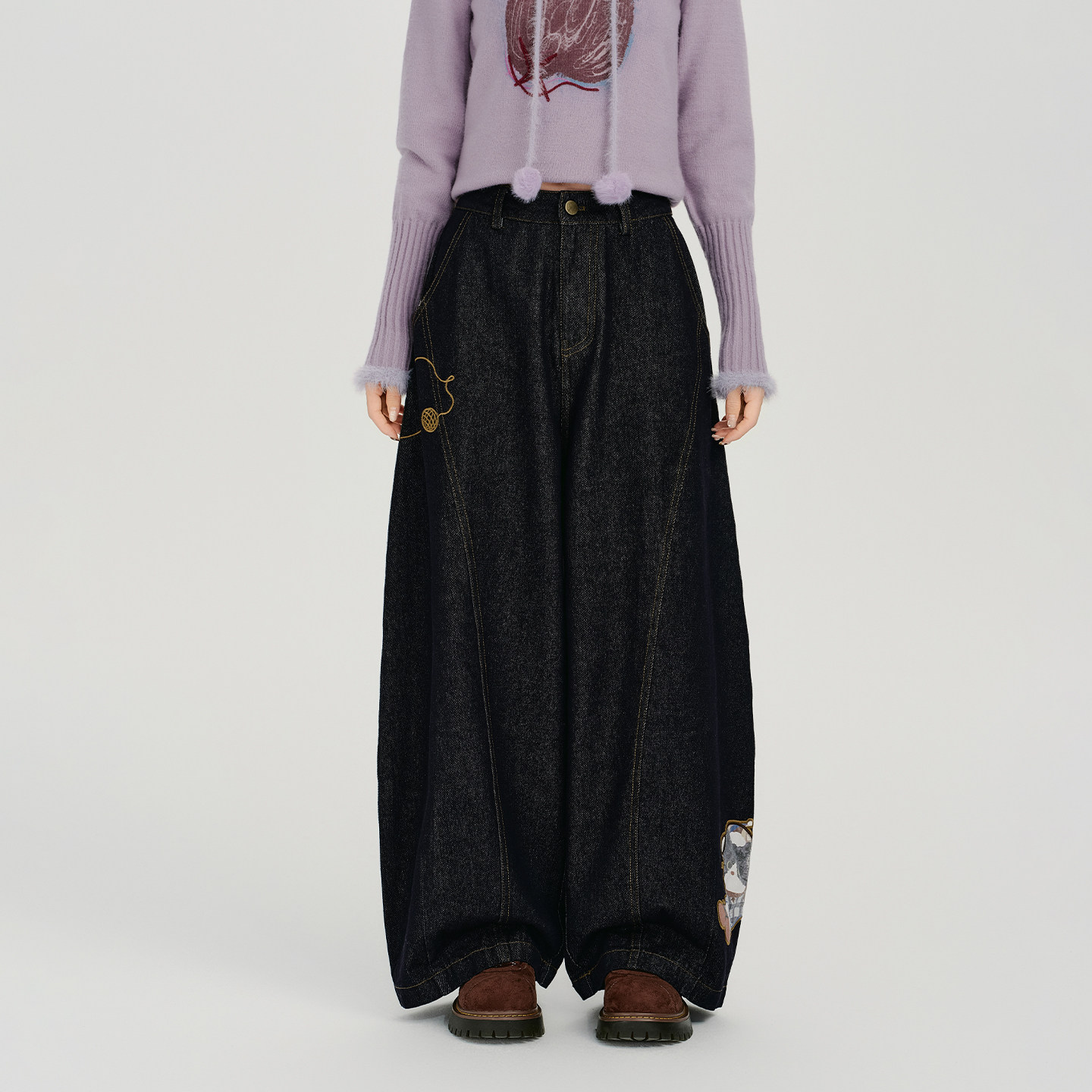 Girlyhalo美式复古贴布绣阔腿牛仔裤女秋新款设计感高腰宽松长裤