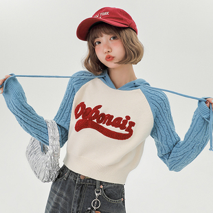 短款 Girlyhalo美式 新款 针织毛衣女秋季 连帽卫衣 复古辣妹插肩袖