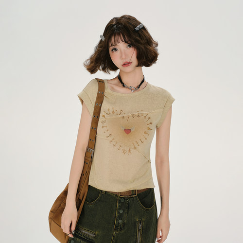 Girlyhalo美式复古辣妹拼接分割设计感短袖t恤女夏季新款修身上衣