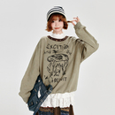 Girlyhalo美式 涂鸦印花碎花领宽松上衣 复古圆领卫衣女秋冬新款