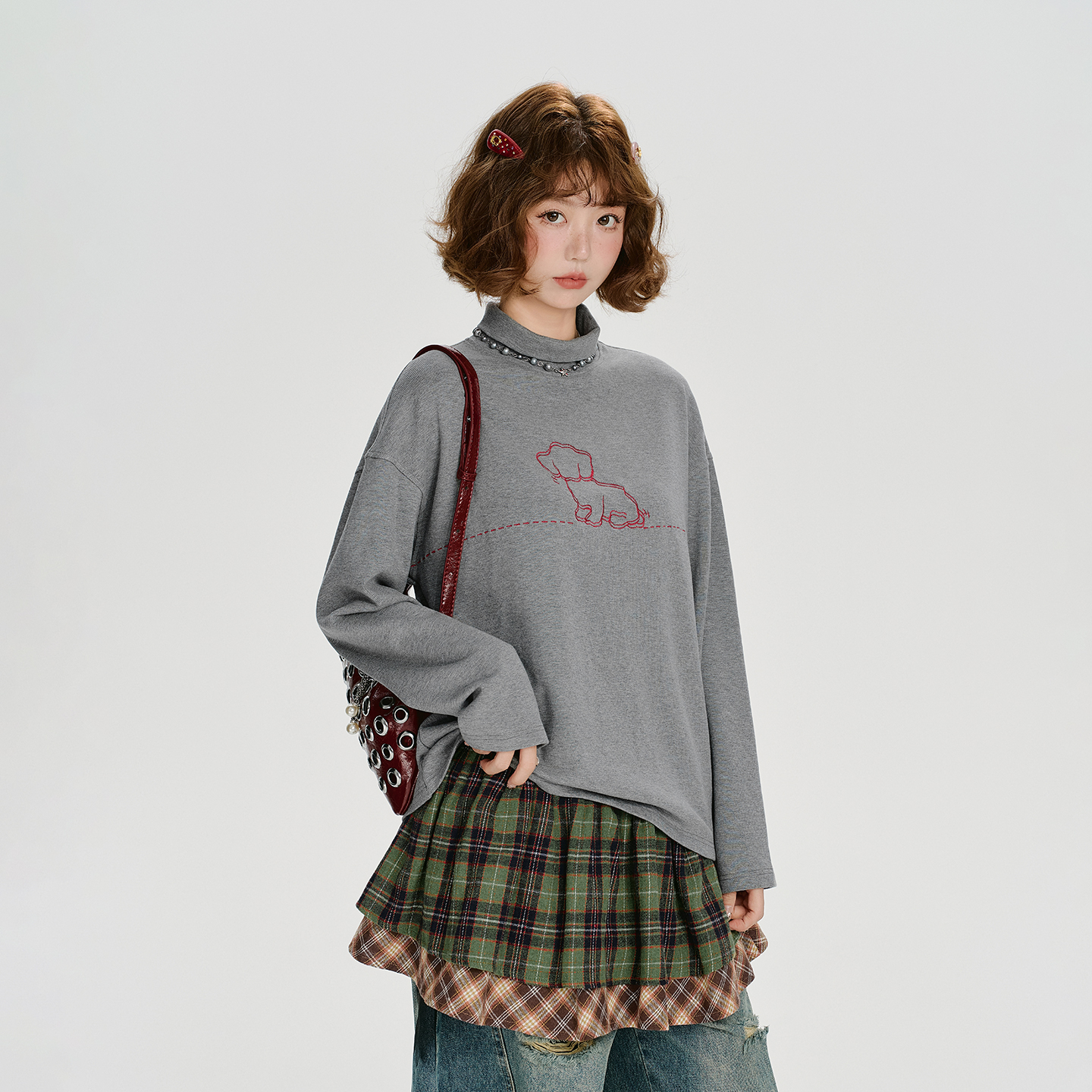 Girlyhalo美式复古刺绣高领长袖t恤女秋季新款宽松打底衫上衣