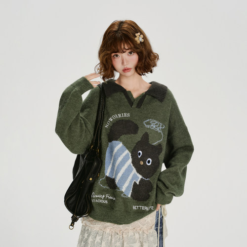 Girlyhalo美式复古提花针织套头毛衣女秋季新款宽松慵懒上衣