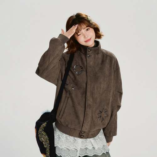 Girlyhalo美式复古立领刺绣夹克外套女冬新款保暖设计感宽松上衣