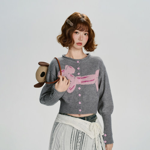 Girlyhalo美式复古提花毛衣开衫外套女秋季新款短款修身针织上衣