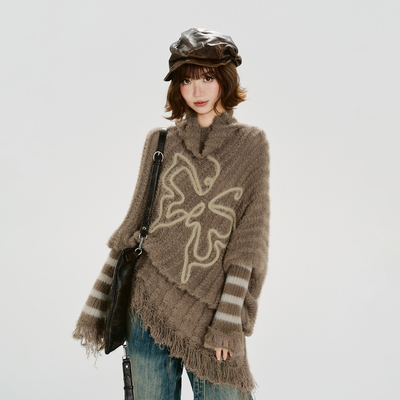Girlyhalo美式复古辣妹条纹流苏长袖毛衣女秋冬宽松设计感上衣
