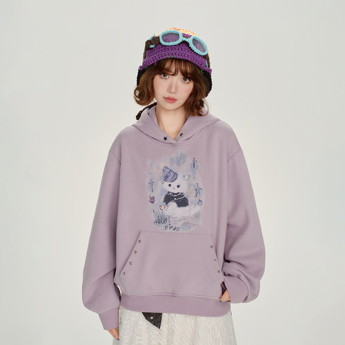 Girlyhalo美式复古印花连帽卫衣女冬季新款加绒保暖慵懒宽松上衣