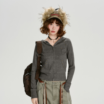 Girlyhalo美式复古辣妹连帽拉链卫衣开衫女秋季新款短款修身外套