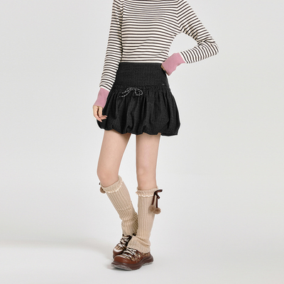 Girlyhalo美式复古灰色花苞型短裙女新款设计感高腰蓬蓬裙半身裙