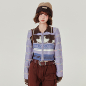 女秋冬翻领短款 Girlyhalo美式 复古双开拉链针织开衫 休闲毛衣外套