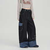 直筒宽松长裤 女秋新款 复古刺绣拼接格纹阔腿牛仔裤 Girlyhalo美式