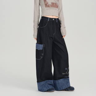 Girlyhalo美式复古刺绣拼接格纹阔腿牛仔裤女秋新款直筒宽松长裤