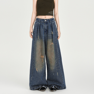 女2025春喷马骝宽松老爹裤 Girlyhalo美式 复古手绘水洗阔腿牛仔裤