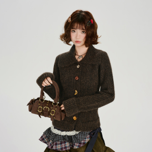 加厚修身 毛衣外套女秋冬新款 针织上衣 复古翻领开衫 Girlyhalo美式