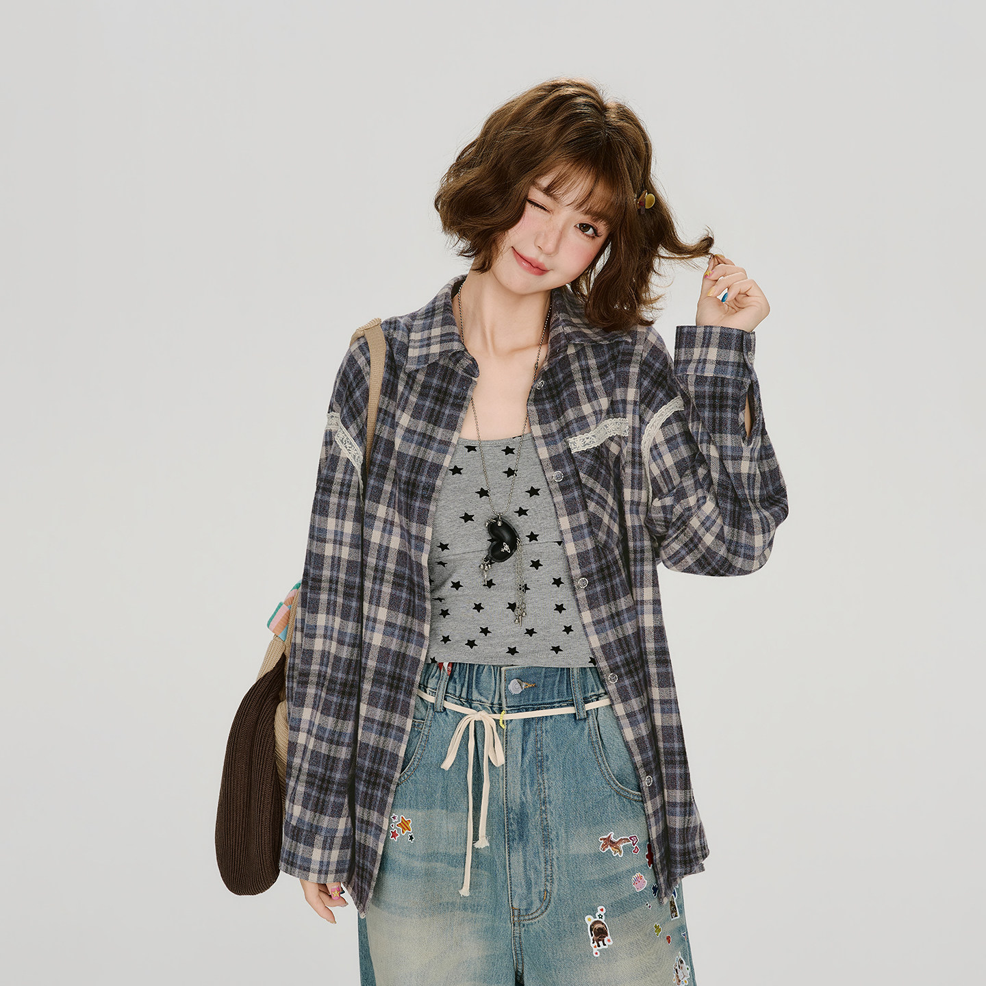 Girlyhalo美式复古蕾丝拼接格纹长袖衬衫外套女秋季新款宽松衬衣