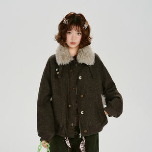 Girlyhalo美式复古毛绒翻领夹克外套女冬季新款加绒保暖宽松上衣
