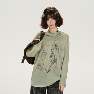 新款 t恤女秋季 宽松显瘦上衣 复古水墨晕染连帽长袖 Girlyhalo美式