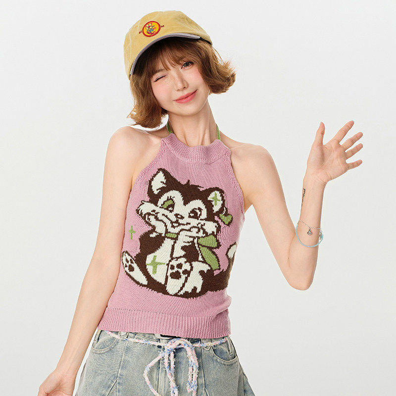 Girlyhalo美式复古粉色毛织挂脖背心女夏季新款辣妹露背显瘦上衣