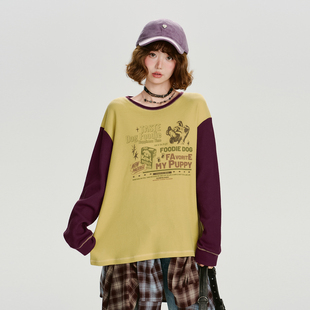 新款 t恤女秋季 宽松休闲上衣 复古印花撞色华夫格长袖 Girlyhalo美式