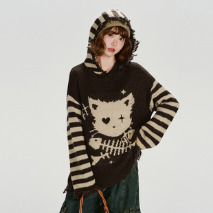 宽松上衣 新款 Girlyhalo美式 复古流苏设计感针织连帽毛衣女秋冬季