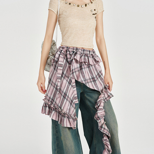 Girlyhalo美式 复古格子屁帘女辣妹不规则裙摆叠穿百搭半身裙