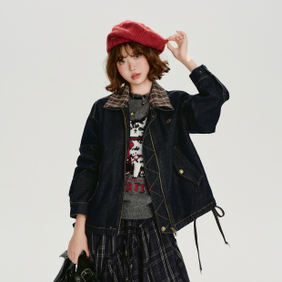 短款 新款 休闲设计感上衣 复古拼接牛仔外套女秋季 Girlyhalo美式