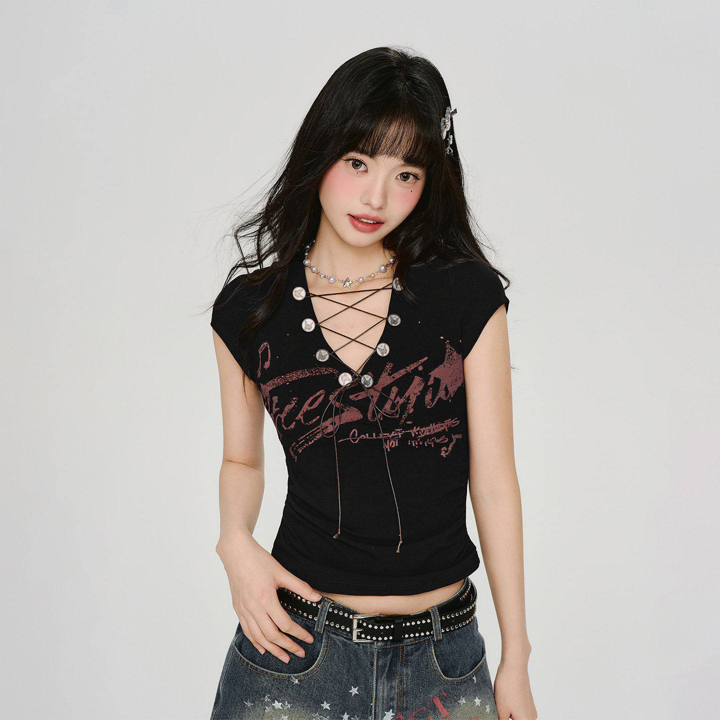Girlyhalo美式复古辣妹V领印花短袖t恤女夏新款绑带修身显瘦上衣