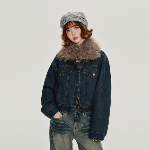 Girlyhalo美式复古毛领可拆牛仔外套女冬季新款短款保暖宽松棉服