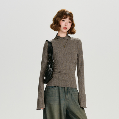 Girlyhalo美式复古小高领长袖t恤女秋季新款修身软糯内搭打底上衣